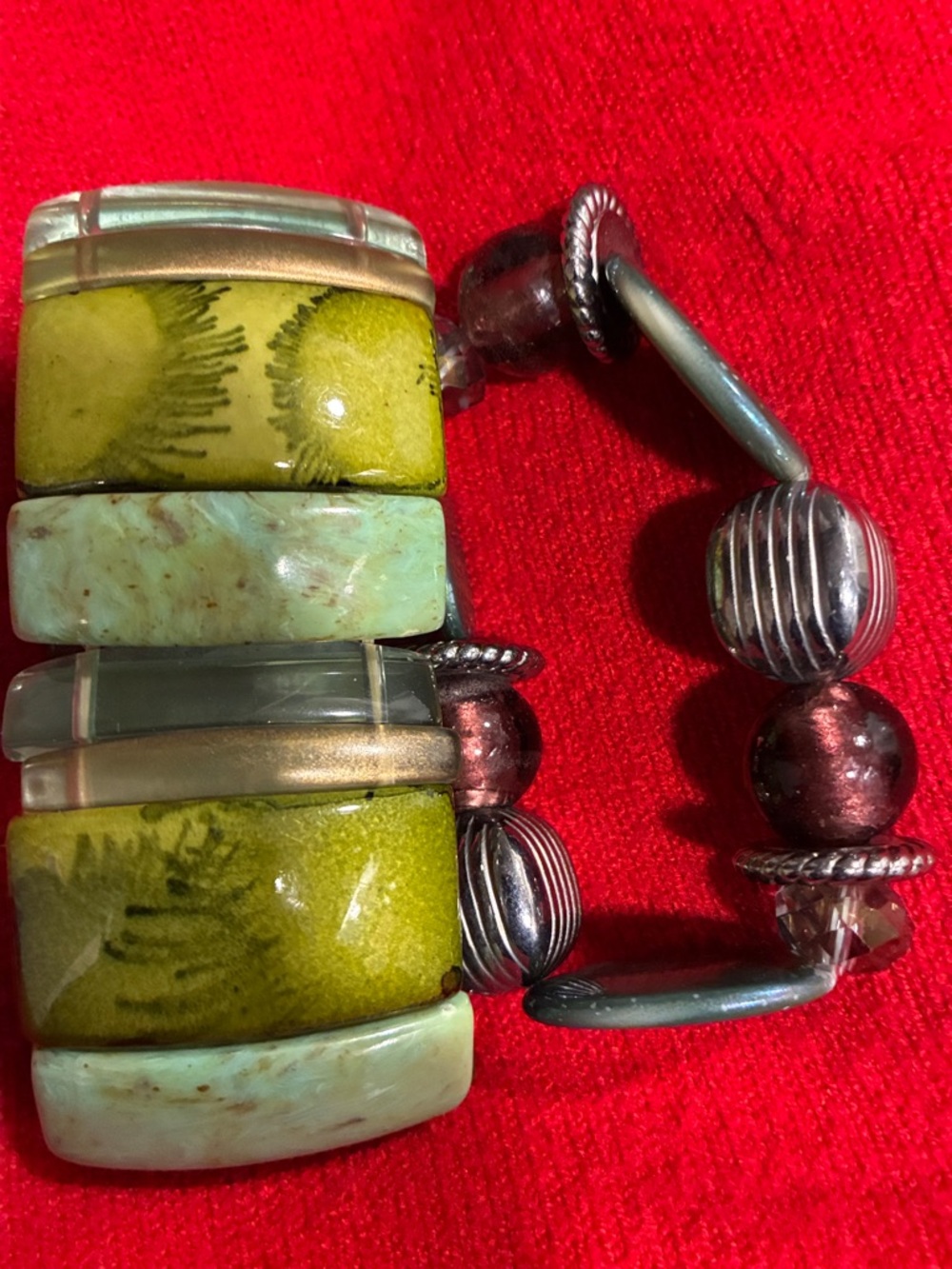 Green and Olive Beaded Stretch Bracelet Vintage Statement Stretch Bracelet Duo